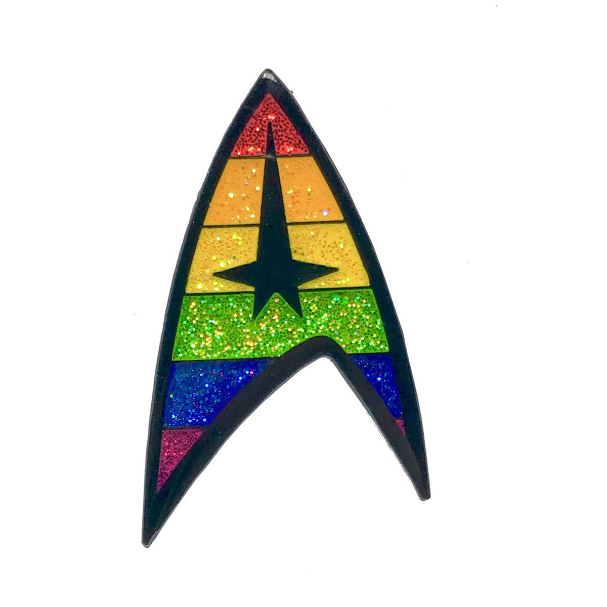 Geeky & Kinky Pride TREK Pin displayed showcasing its design. Available at SugarX in Jewelry in the Pins collection.