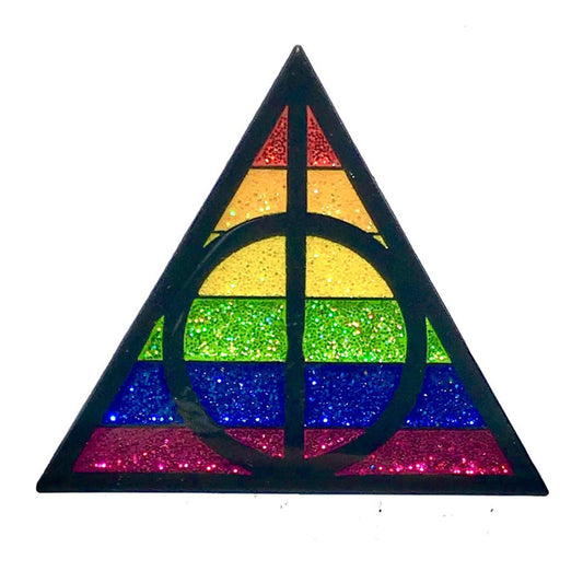 Geeky & Kinky Pride Triangle POTTER Pin displayed showcasing its design. Available at SugarX in Jewelry in the Pins collection.