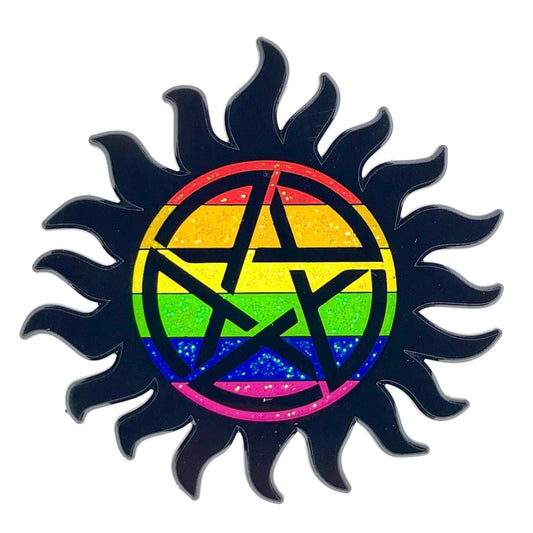 Geeky & Kinky Supernatural Pride Pin displayed showcasing its design. Available at SugarX in Jewelry in the Pins collection.