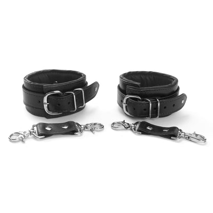 Mercer Padded Leather Ankle Cuffs in two-tone design, featuring luxurious padding and nickel-plated hardware, perfect for BDSM restraints and bondage play.