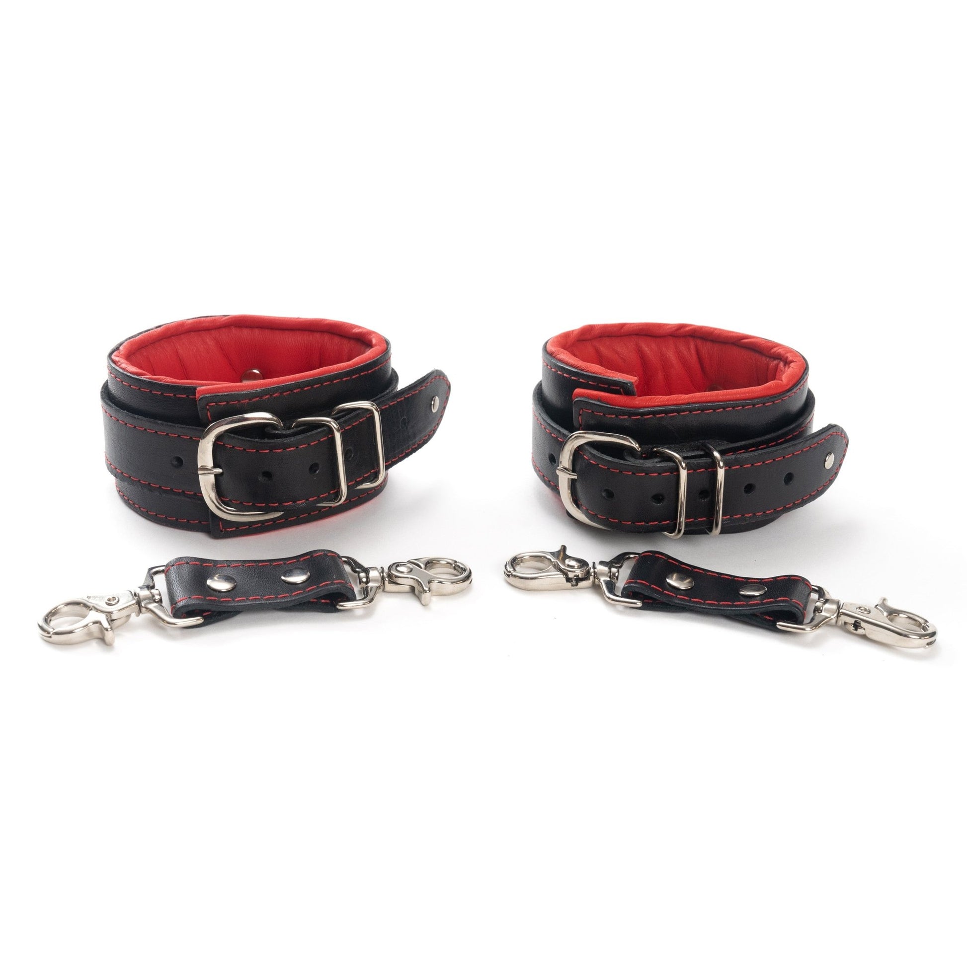 Mercer Padded Leather Ankle Cuffs in two-tone design, featuring luxurious padding and nickel-plated hardware, perfect for BDSM restraints and bondage play.