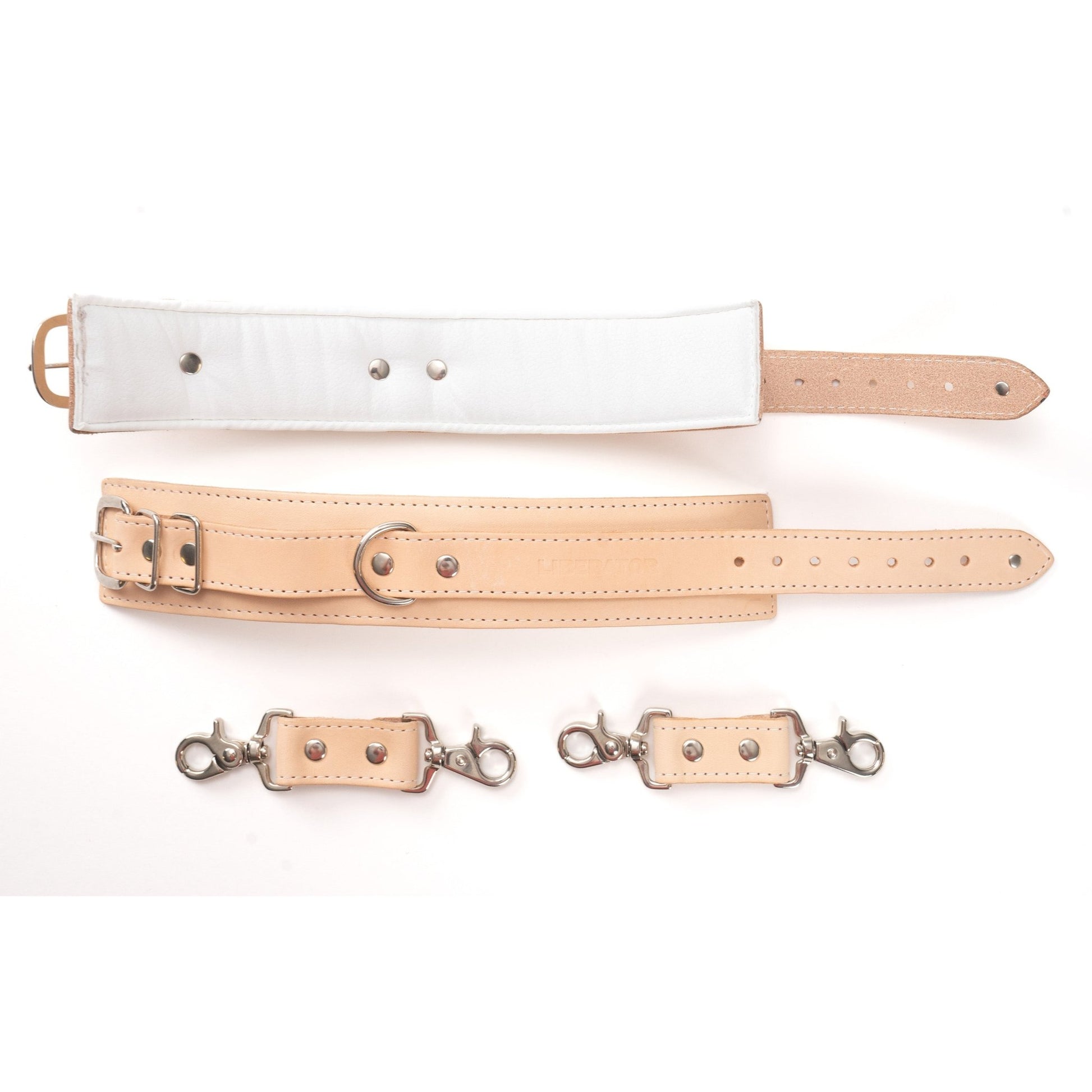 Mercer Padded Leather Ankle Cuffs in two-tone design, featuring luxurious padding and nickel-plated hardware, perfect for BDSM restraints and bondage play.