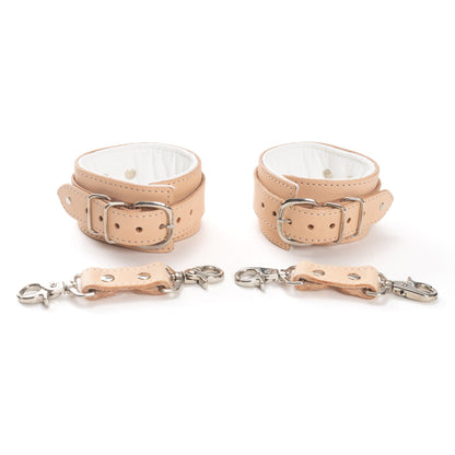 Mercer Padded Leather Ankle Cuffs in two-tone design, featuring luxurious padding and nickel-plated hardware, perfect for BDSM restraints and bondage play.