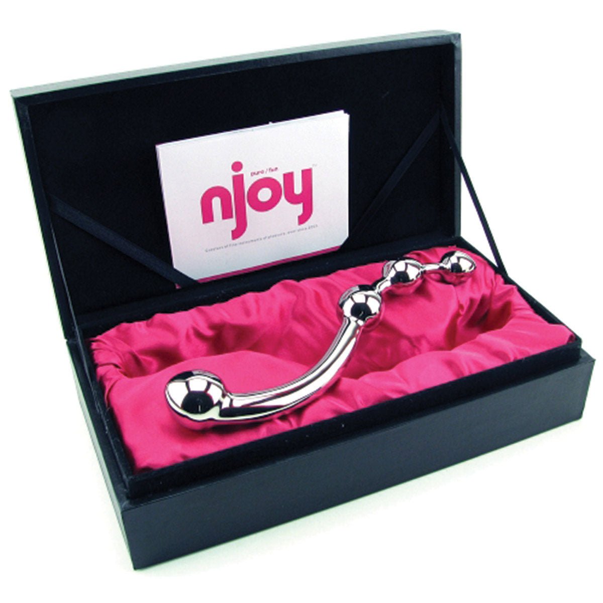 Njoy Fun Wand shown in its pink satin lined storage box on a plain white background showcasing its curved stainless steel design and graduated balls for prostrate stimulation. Available at SugarX in the Dildo section of the Sex Toys collection.