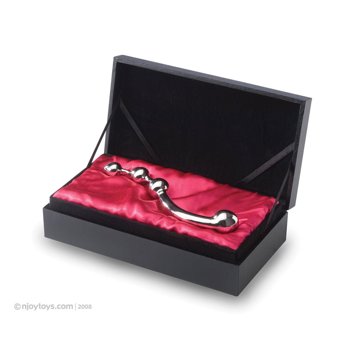 Njoy Fun Wand shown in its luxurious satin lined storage box on a plain white background showcasing its curved stainless steel design and graduated balls for prostrate stimulation. Available at SugarX in the Dildo section of the Sex Toys collection.