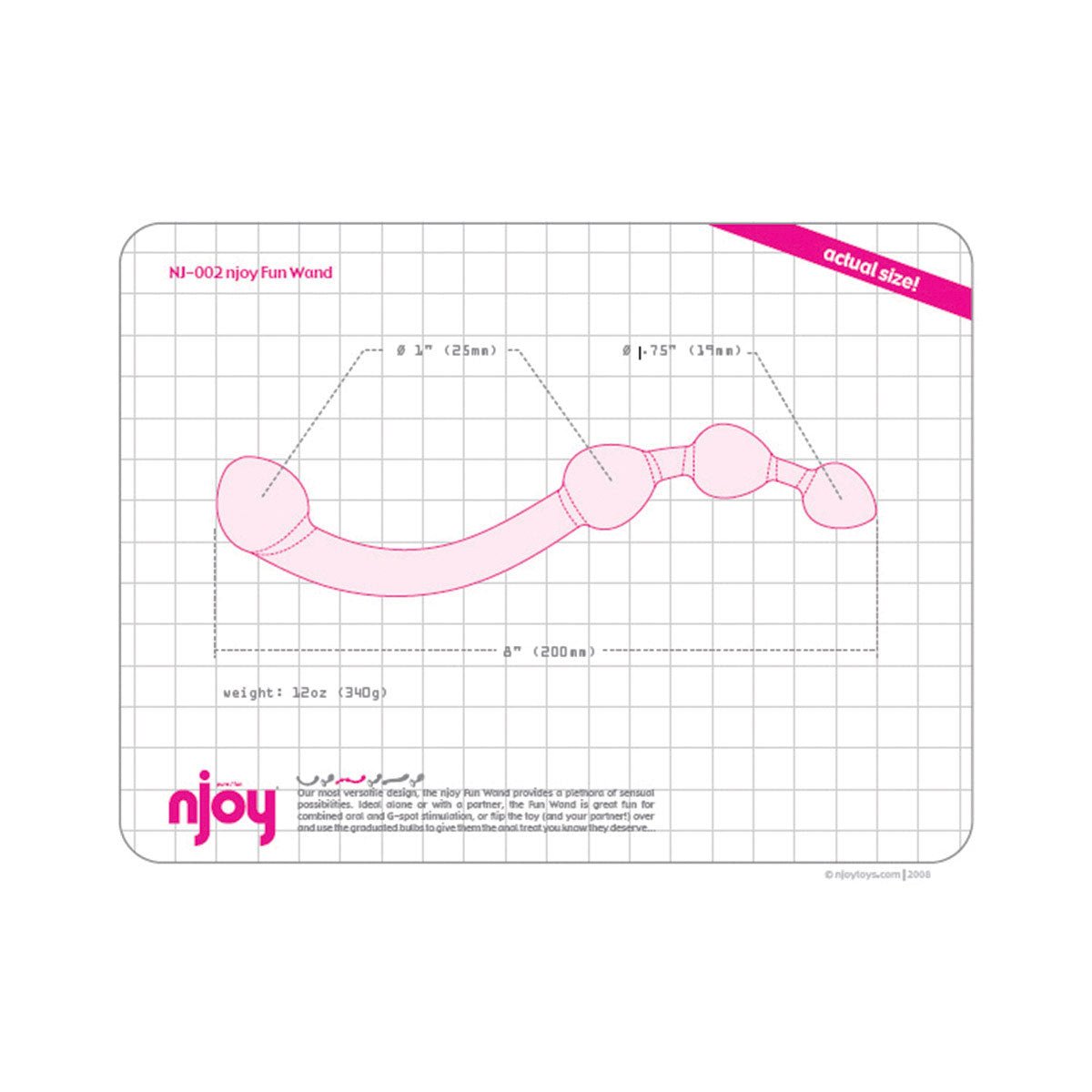 Njoy Fun Wand’s specs and measurements on a plain white background showcasing its curved stainless steel design and graduated balls for prostrate stimulation. Available at SugarX in the Dildo section of the Sex Toys collection.