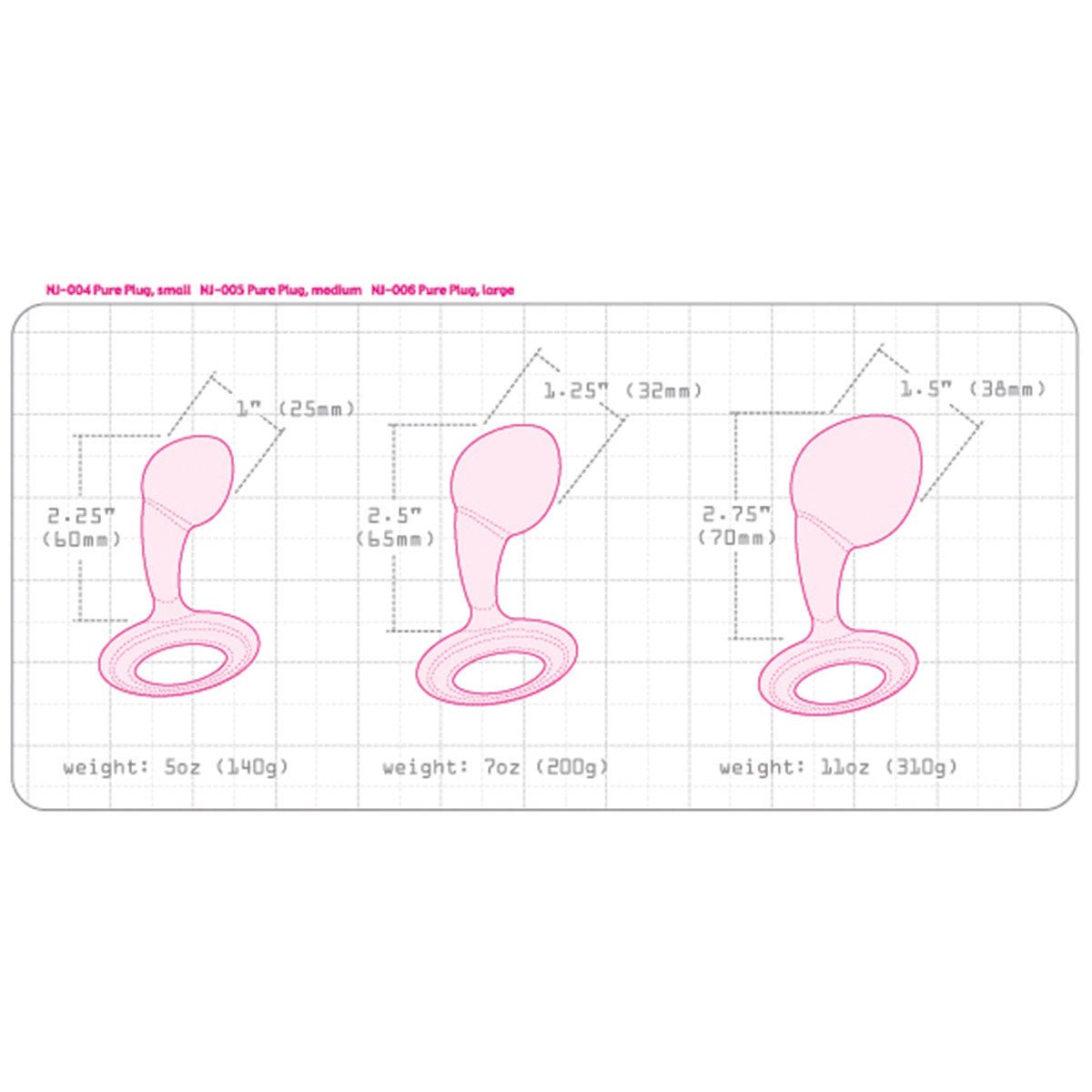 The Njoy Pure Plug butt plug specs and measurements on a plain white background showcasing its stainless steel design made for long term wear. Available at SugarX in the Butt Plug section of the Sex Toys collection.