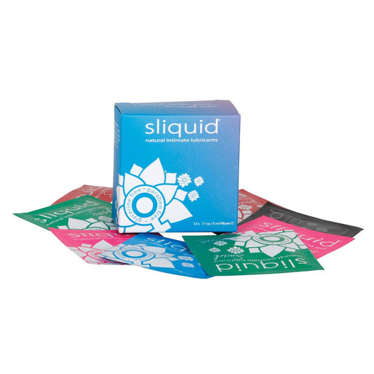 Sliquid Naturals Lube Cube 12 pk Lube Samplers on a white background. Available at SugarX in the Personal Lubricant collection.