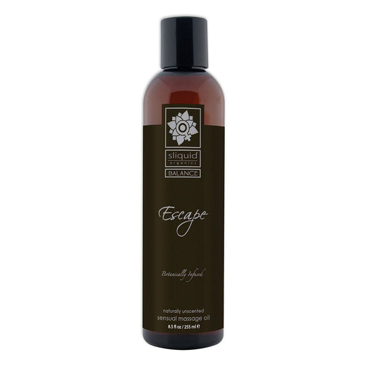 Sliquid Organics Massage Oil Escape 8.5oz blend of naturally occurring nut and seed oils and certified organic botanicals on a white background. Available at SugarX in the Massage Oil collection.