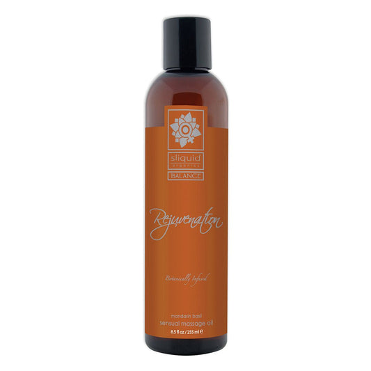 Sliquid Organics Massage Oil Rejuvenation 8.5oz mandarin and basil scented massage oil on a white background. Available at SugarX in the Massage Oil collection.