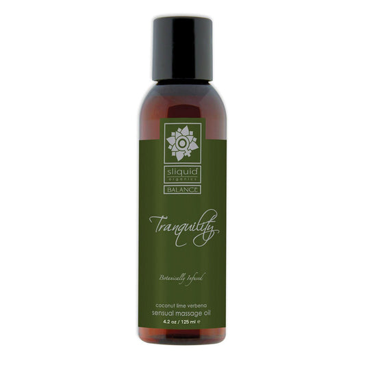 Sliquid Organics Massage Oil Tranquility 4.2oz Massage Oil coconut and lime scented massage oil on a white background. Available at SugarX in the Massage Oil collection.