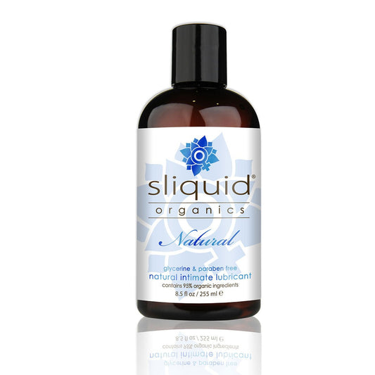 Sliquid Organics Natural 8.5oz Water Based Lube on a plain background. Available at SugarX in the water-based lube section of the personal lubricant collection.