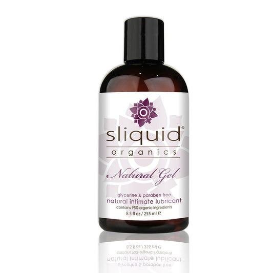 Sliquid Organics Natural Gel 8.5oz Water Based Lube on a plain background. Available at SugarX in the water-based lube section of the personal lubricant collection.