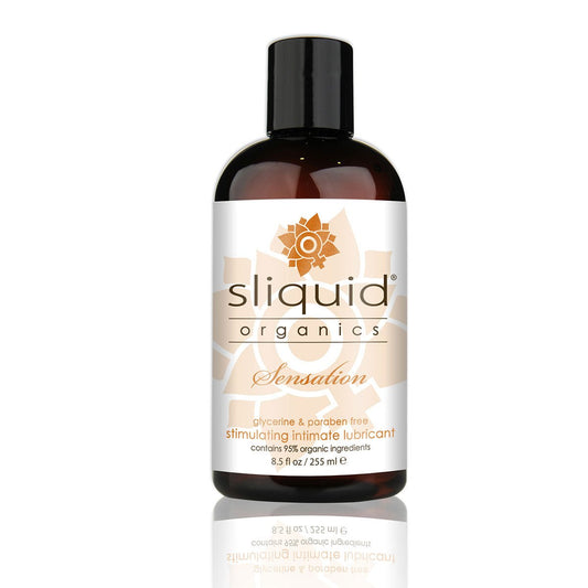 Sliquid Organics Sensation 8.5oz Water Based Lube on a plain background. Available at SugarX in the water-based lube section of the personal lubricant collection.