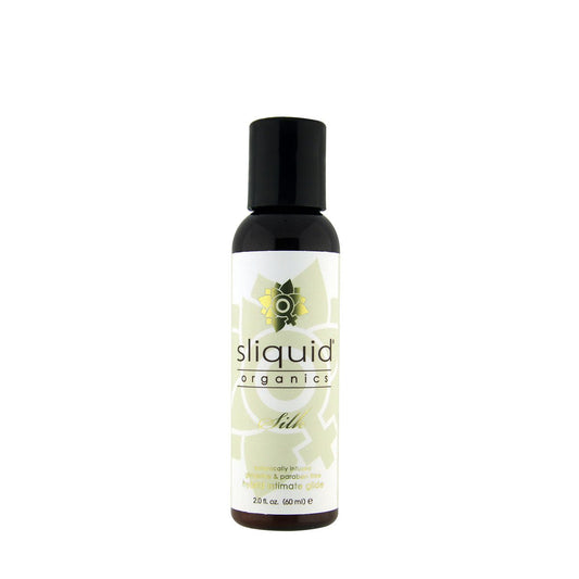 Sliquid Organics Silk 2oz Hybrid Lube water and silicone based hybrid personal lubricant on a white background. Available at SugarX in the Hybrid Lubricant collection of the Personal Lubricant collection.