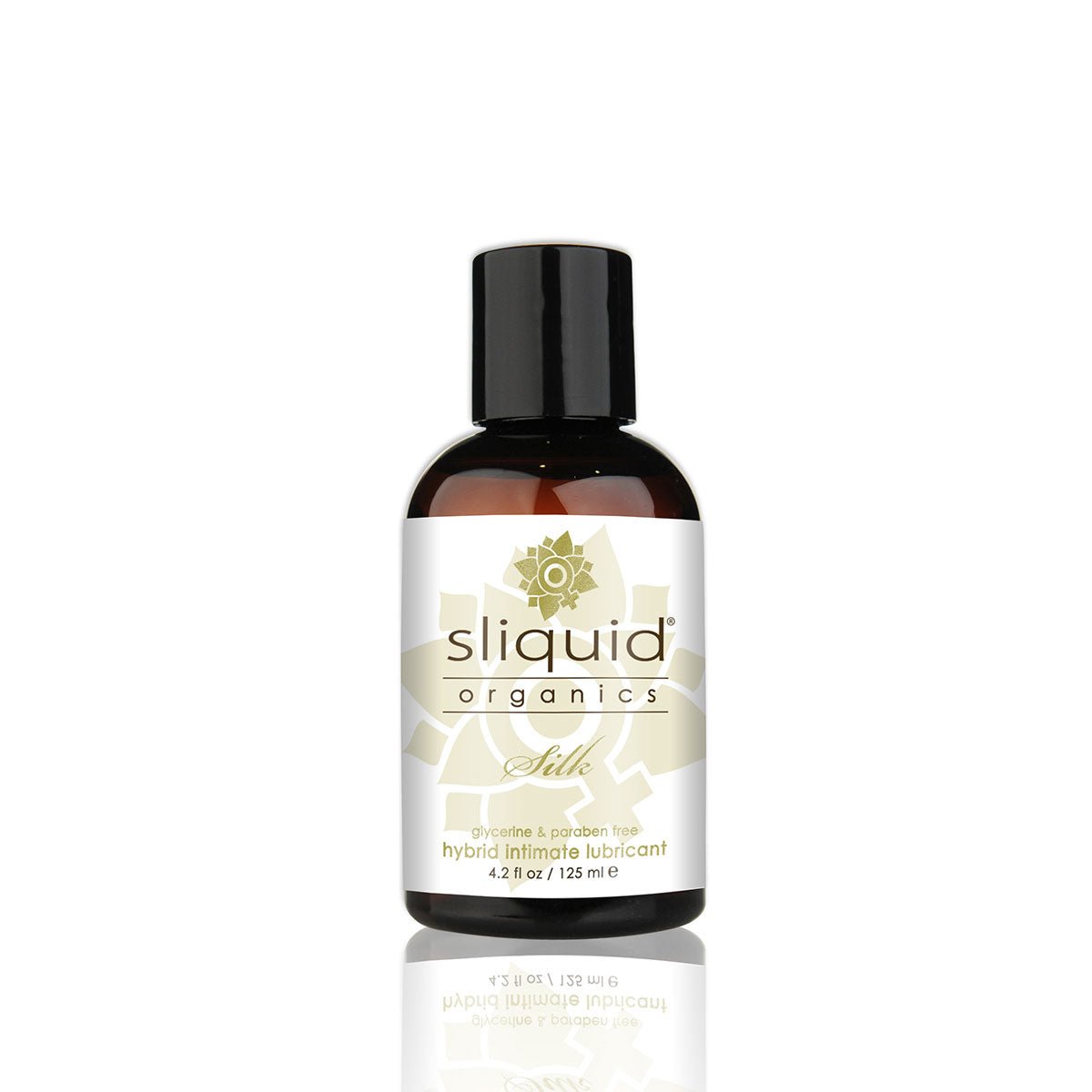 Sliquid Organics Silk 4.2oz Hybrid Lube water and silicone based hybrid personal lubricant on a white background. Available at SugarX in the Hybrid Lubricant collection of the Personal Lubricant collection.