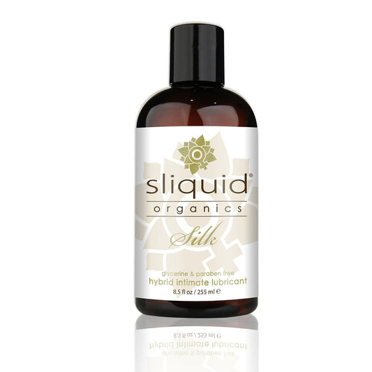 Sliquid Organics Silk 8.5oz Hybrid Lube water and silicone based hybrid personal lubricant on a white background. Available at SugarX in the Hybrid Lubricant collection of the Personal Lubricant collection.