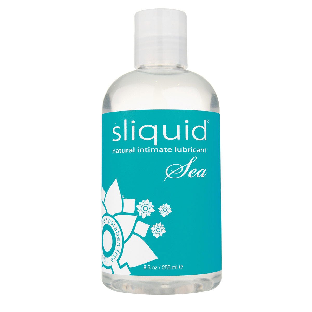 Sliquid Sea 8.5 oz Water Based Lube on a plain background. Available at SugarX in the water-based lube section of the personal lubricant collection.