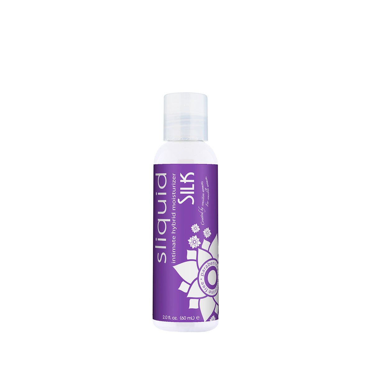 Sliquid Silk Hybrid 2 oz Hybrid Lube water-based lube that has the smallest touch of silicone with a glycerin and paraben free formula on a white background. Available at SugarX in the Hybrid Lube section of the Personal Lubricants collection.