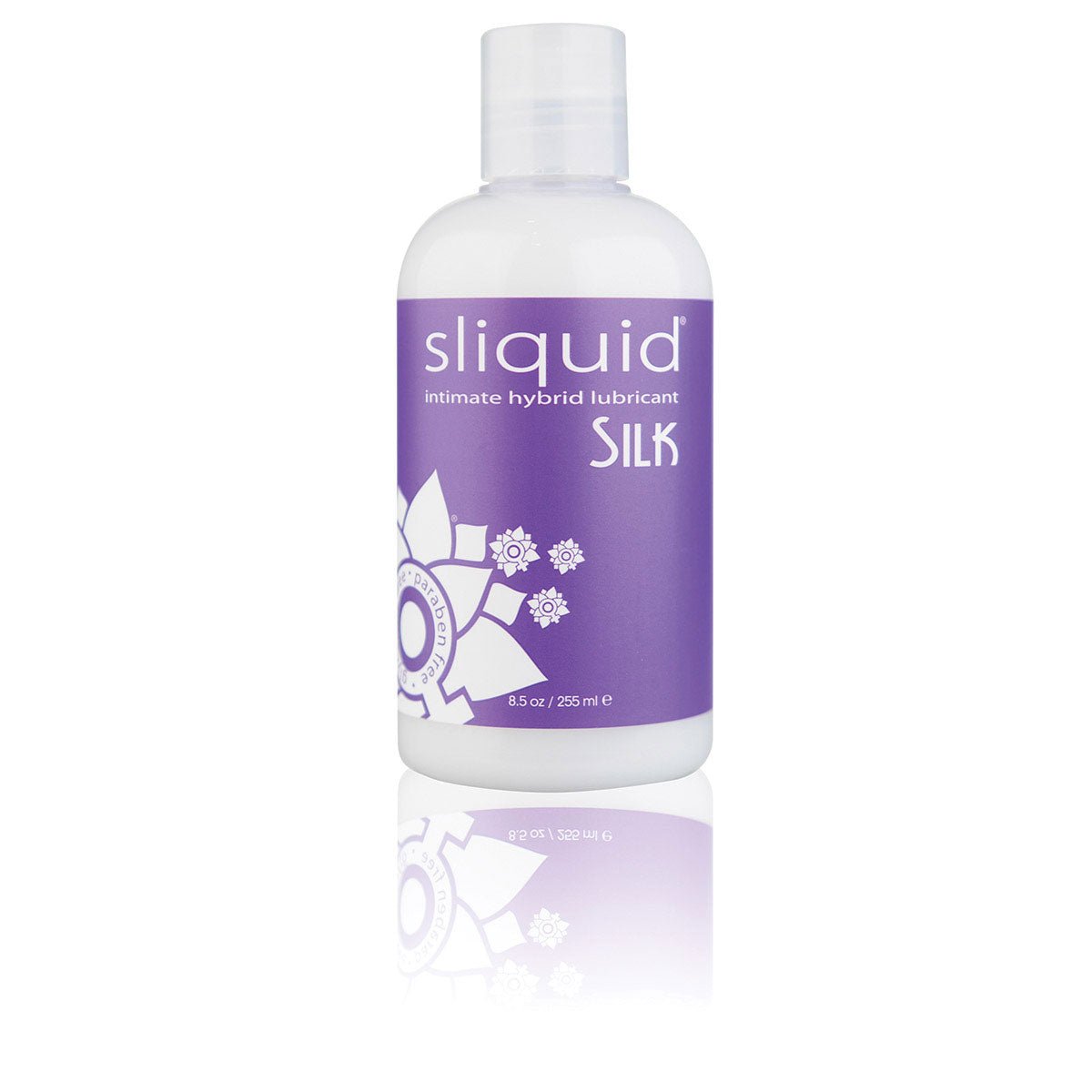 Sliquid Silk Hybrid 8.5 oz Hybrid Lube water-based lube that has the smallest touch of silicone with a glycerin and paraben free formula on a white background. Available at SugarX in the Hybrid Lube section of the Personal Lubricants co