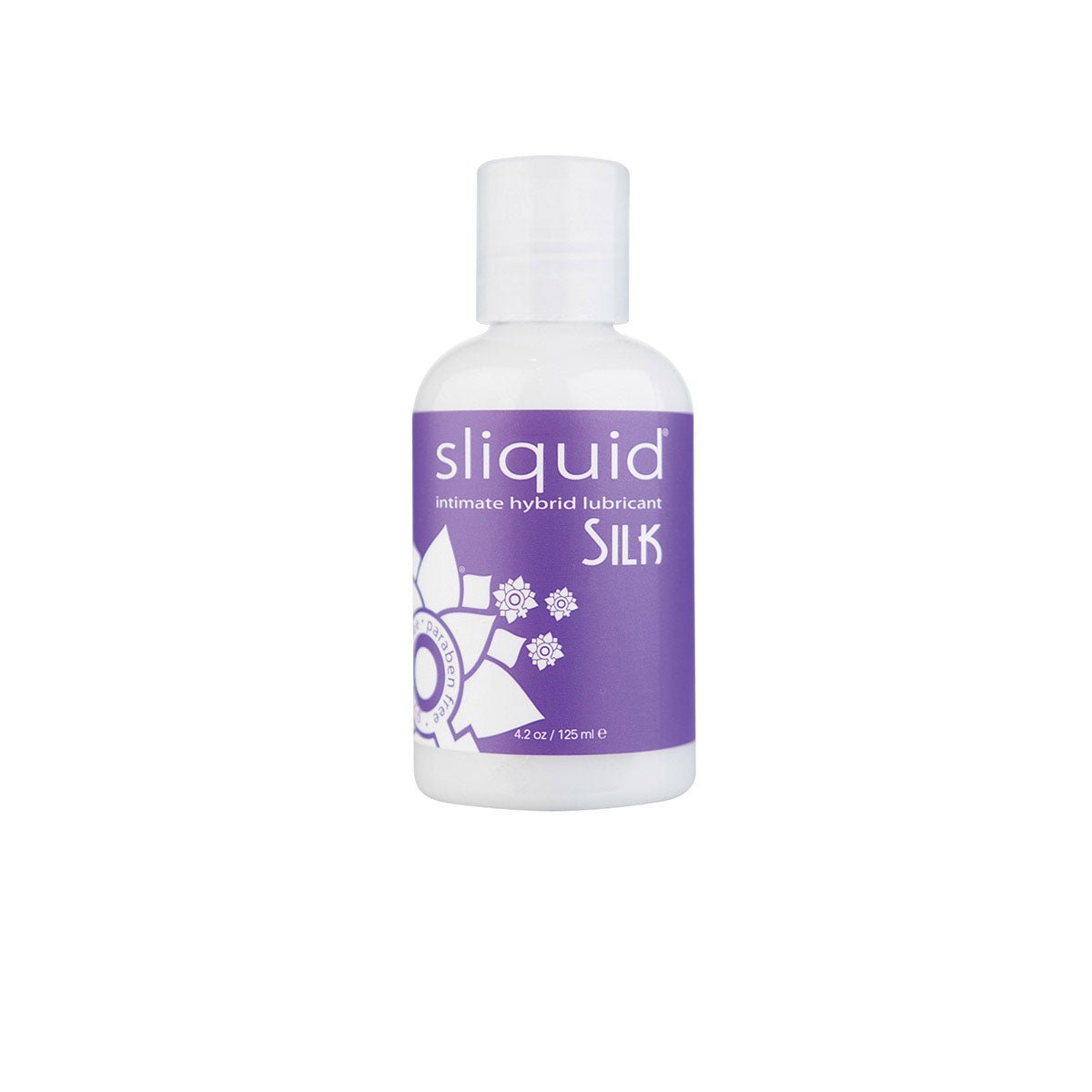 Sliquid Silk hybrid water-based lube that has the smallest touch of silicone with a glycerin and paraben free formula on a white background. Available at SugarX in the Hybrid Lube section of the Personal Lubricants collection.