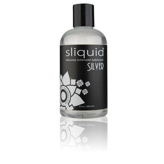 Sliquid Silver 8.5 oz Silicone Lube on a white background. Available at SugarX in the silicone lube section of the personal lubricant collection.