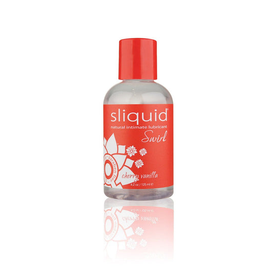 Sliquid Swirl Cherry Vanilla 4.2 oz Water Based Lube on a white background. Available at SugarX in the water-based lube or flavored lube section of the personal lubricant collection.